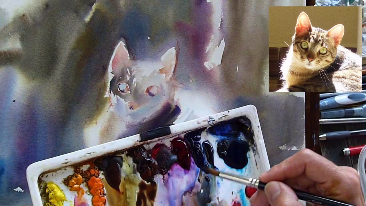 Aquarel·la d'un gat en contrallum de Oscar Sanchis Palomino