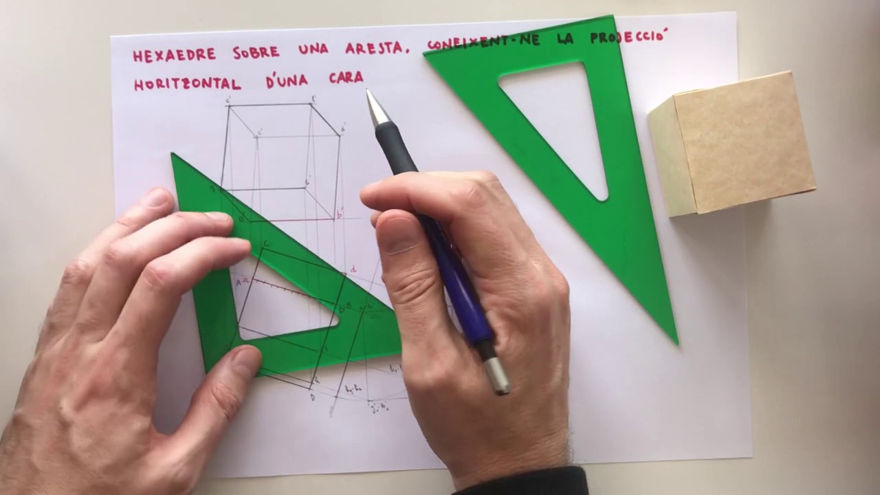 DIBUIX TÈCNIC 2n BAT: DIÈDRIC: Hexaedre sobre una aresta coneixent-ne la projecció d'una cara de Manuel Rivas Zaballos