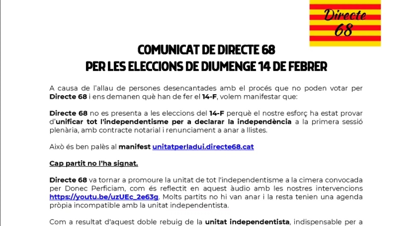 COMUNICAT DE DIRECTE 68 PER LES ELECCIONS DE DIUMENGE 14 DE FEBRER de Resistència Independentista Catalana