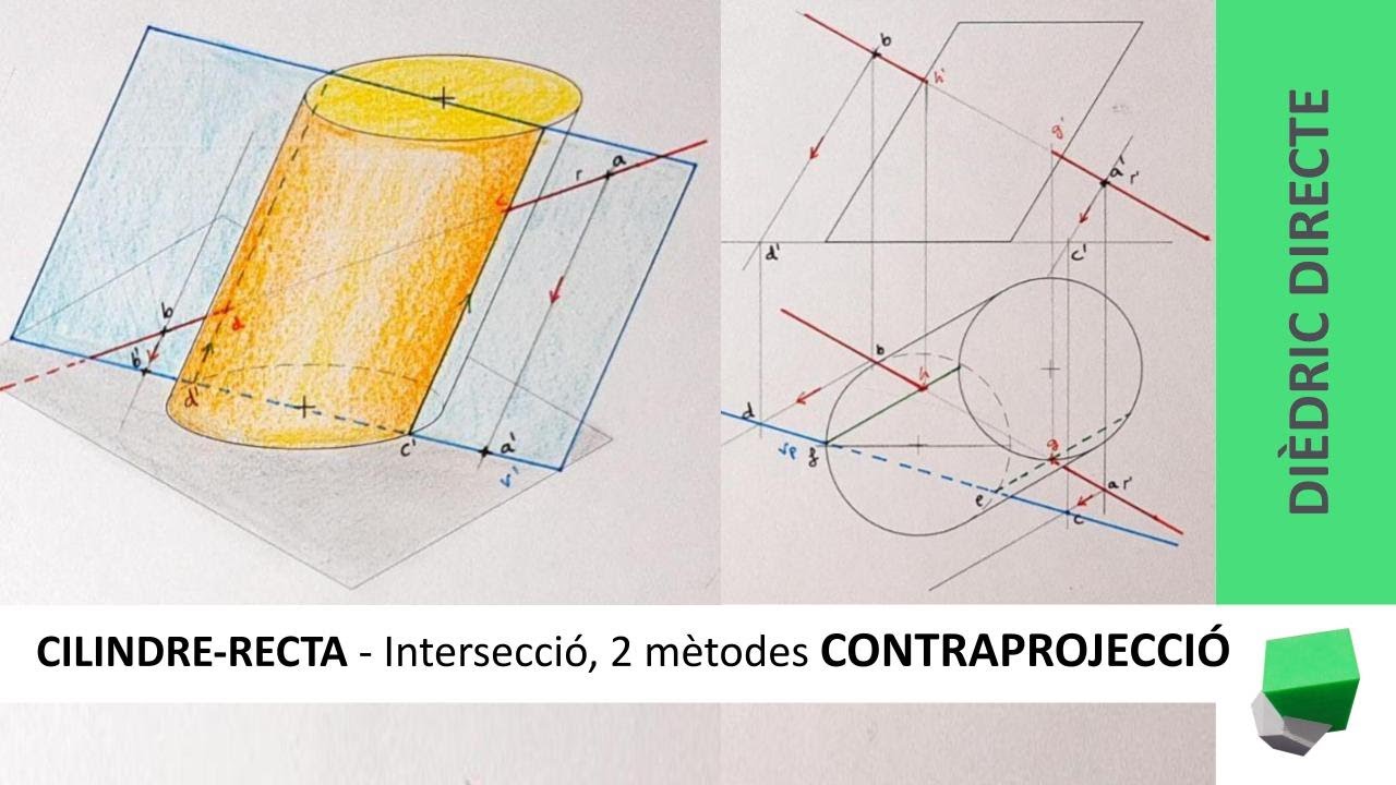 Intersecció CILINDRE- RECTA - 2 MÈTODES CONTRAPROJECCIÓ❗ pla projectant - COSSOS REGLATS en DIÈDRIC de Josep Dibuix Tècnic IDC
