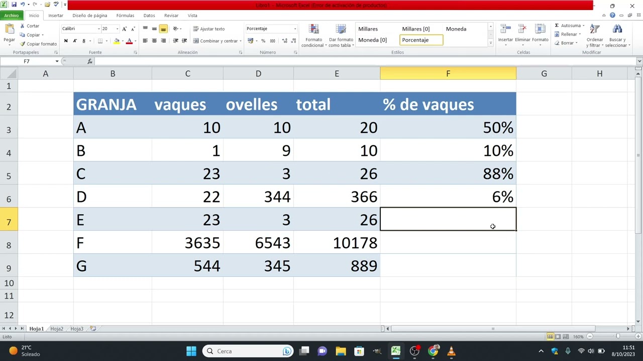 Com calcular percentatges amb Excel de Llet i Vi